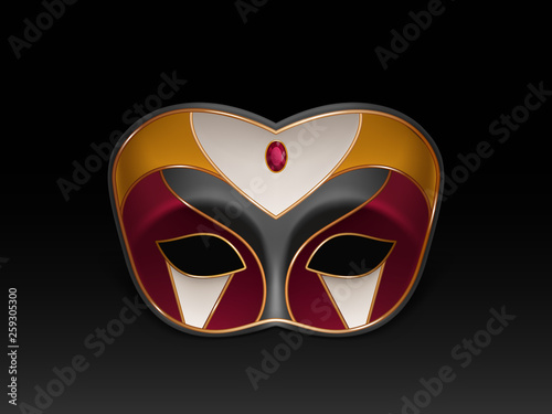 Half-face colombina mask decorated with precious stone, red ruby and gilding 3d realistic vector icon isolated on dark background. Venetian carnival, costumed party dressing illustration