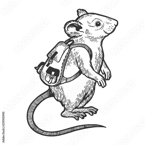 Cartoon mouse with backpack sketch engraving vector illustration. Scratch board style imitation. Black and white hand drawn image.