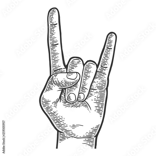 Sign of horns rock heavy metal hand gesture sketch engraving vector illustration. Scratch board style imitation. Hand drawn image.