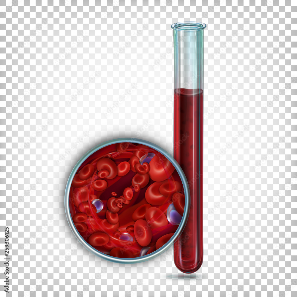 Blood in test tube. Enlarged blood under the microscope. Stock Vector