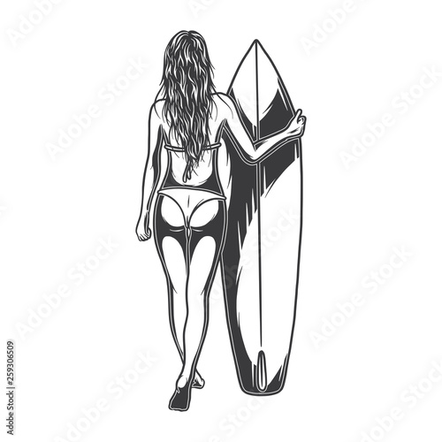 Hand drawn illustration of sexy girl with surfing board. Surfing club logo. Vacation at sea story. Isolated on white background.