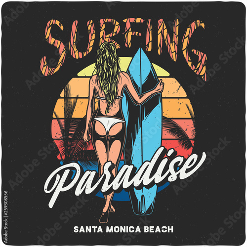 Canvas Print Hand drawn illustration of sexy girl with surfing board