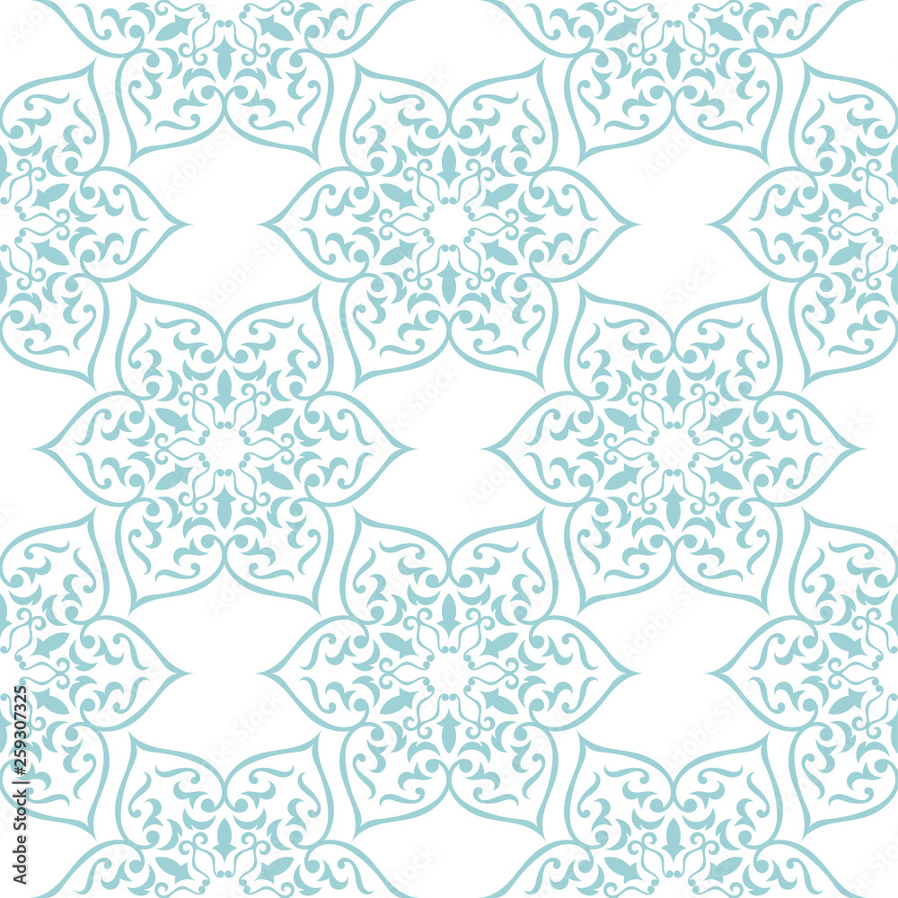 Geometric print in arabic style. Pale blue pattern on white seamless background Geometric print in arabic style. Pale blue pattern on white seamless background