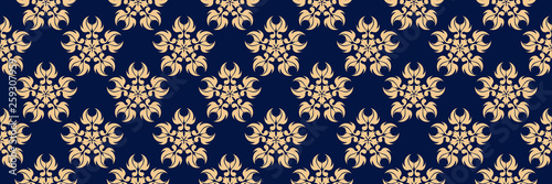 Golden floral print. On dark blue seamless background