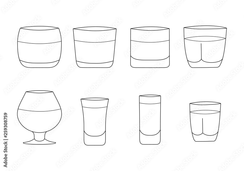 Alcohol rum, whiskey, cognac, brandy, scotch drink glasses, vodka and tequila shots in outline. Bar cocktail booze. Vector illustration. Alcohol rum, whiskey, cognac, brandy, scotch drink glasses, vodka and tequila shots in outline. Bar cocktail booze. Vector illustration.