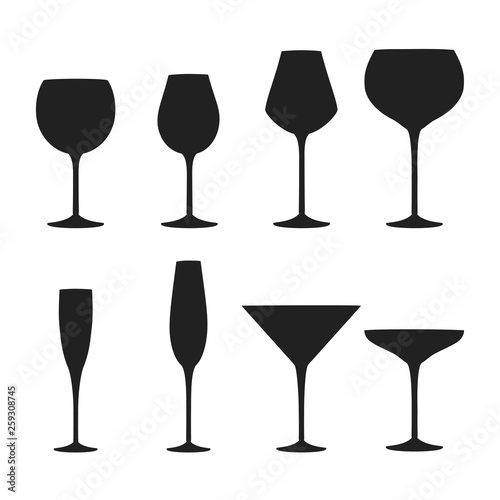 Alcohol wine, champagne, gin and martini drink glasses silhouettes. Bar cold cocktail booze. Vector illustration.