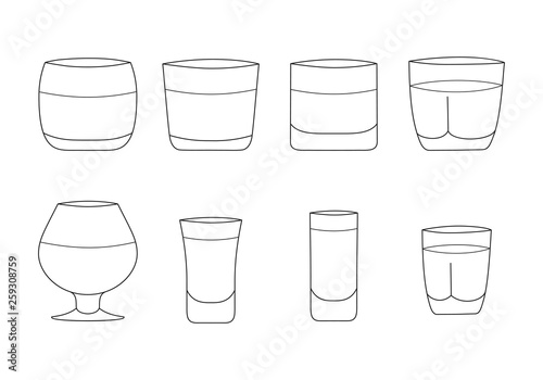 Alcohol rum, whiskey, cognac, brandy, scotch drink glasses, vodka and tequila shots in outline. Bar cocktail booze. Vector illustration.