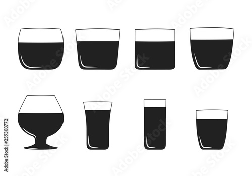 Alcohol rum, whiskey, cognac, brandy, scotch drink glasses, vodka and tequila shots. Bar cocktail booze. Vector illustration.