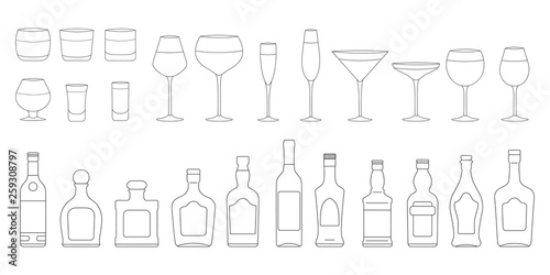 Big set of wine, champagne, gin, martini, scotch, whiskey, rum, tequila glasses and bottles outlines. Bar cold cocktail booze. Vector illustration of alcohol drinks.