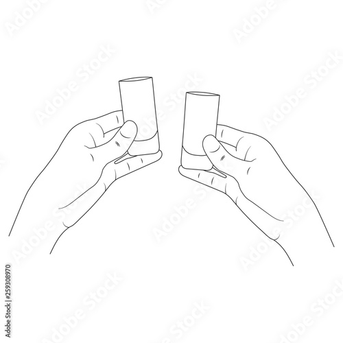 Two Hands clinking tequila or vodka shots. Alcohol party celebration background. Vector illustration.