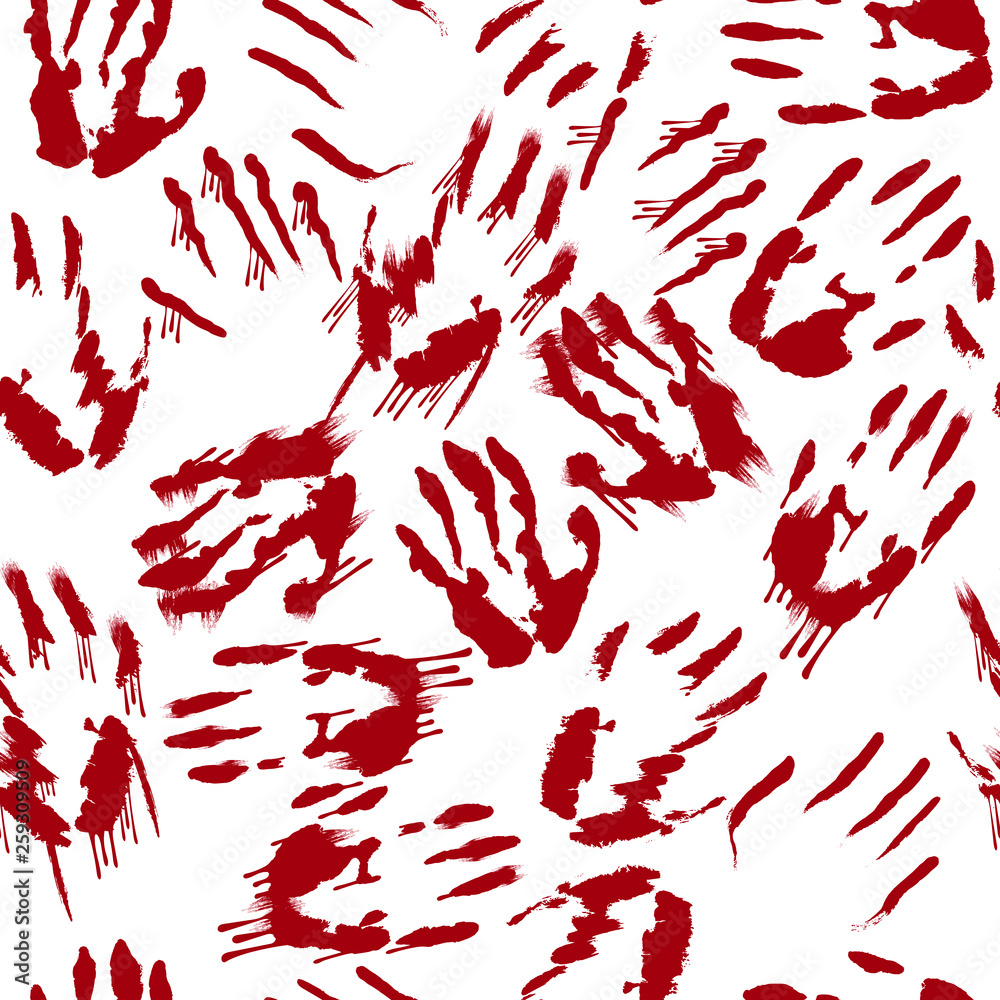 Vecteur Stock Red bloody hand print seamless splatter pattern. Scary