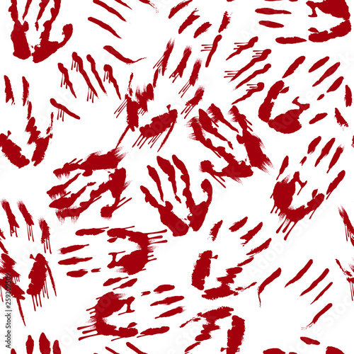 Red bloody hand print seamless splatter pattern. Scary dirty blood handprint background. Horror vector illustration.