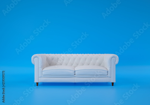 white leather sofa is standing in an empty blue room with a blue floor. Concept of minimalism. 3d rendering mock up - Illustration © chonlathit
