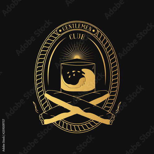 Vintage gentleman club golden label with cuban cigars and glass of whiskey or rum. Vector isolated illustration.