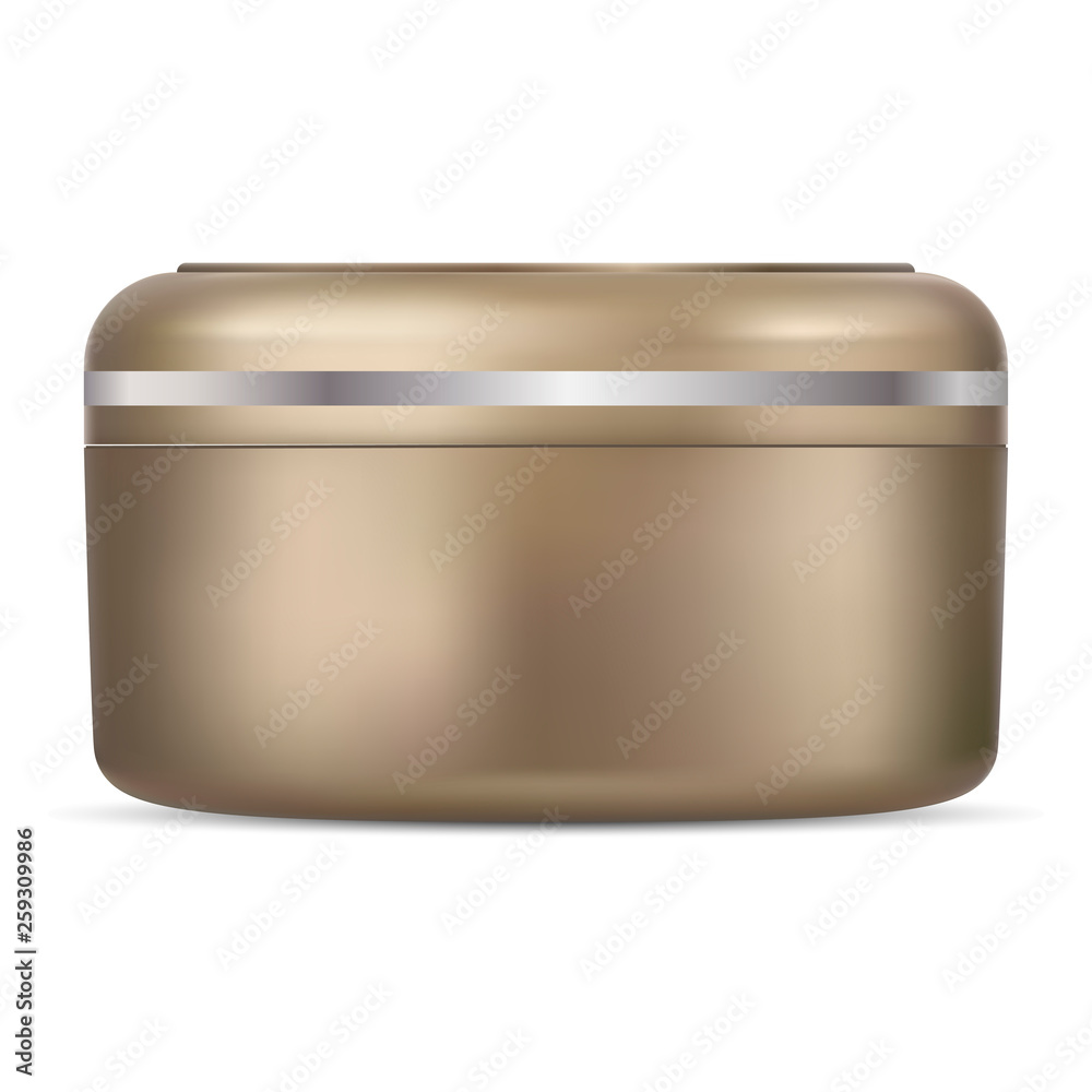 Gold Cream Jar. Vector Beauty Packaging Container. Face Product Isolated Blank. Golden Metallic 3d Creme Pack. Facial Scrub or Butter Canister Template. Medical Bowl.
