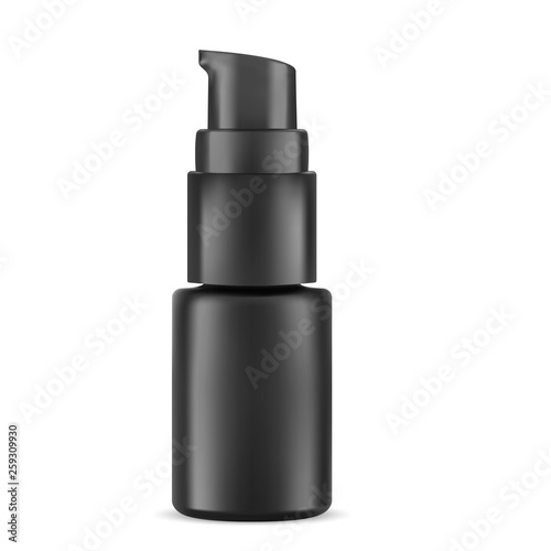 Eye Serum Cosmetic Bottle. Highlight Pump Dispenser Vial for Face Care Treatment. Black Container Mockup for Essential Liquid, Concealer, or Tonal Base. Realistic Packaging Sample.