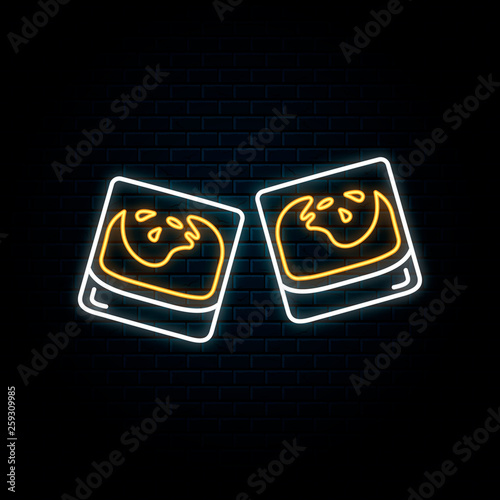 Glowing neon sign with two clinking scotch whiskey glasses. Vector isolated illustration. Icon for night bar background. Led luminous sign for pub signboard.