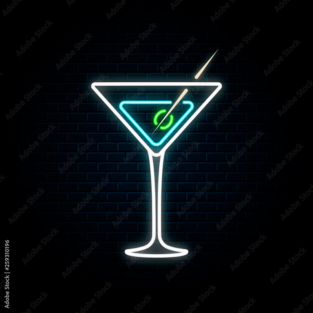 Neon martini glass with olive. Vector isolated illustration. Icon for night  bar background. Led luminous sign for cocktail restaurant signboard. Stock  Vector | Adobe Stock
