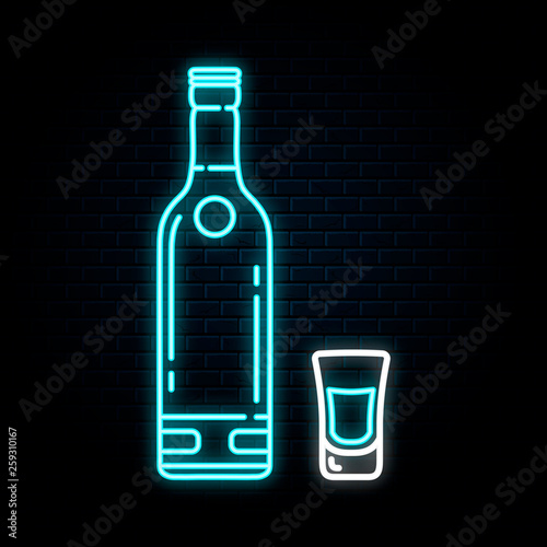 Glowing neon sign with vodka bottle and shot. Vector isolated illustration. Icon for night alcohol bar background. Led luminous sign for pub signboard.