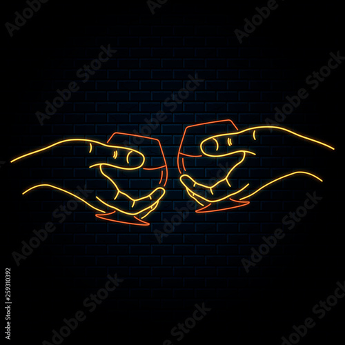 Glowing neon sign with two hands clinking cognac, rum or bourbon glasses. Vector isolated illustration. Icon for night bar background. Led luminous sign for pub signboard.