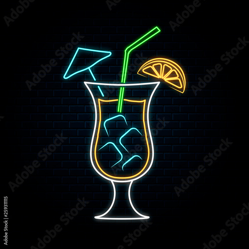 Glowing neon pina colada cocktail singboard. Vector isolated illustration. Icon for night bar background. Led luminous sign for summer restaurant.
