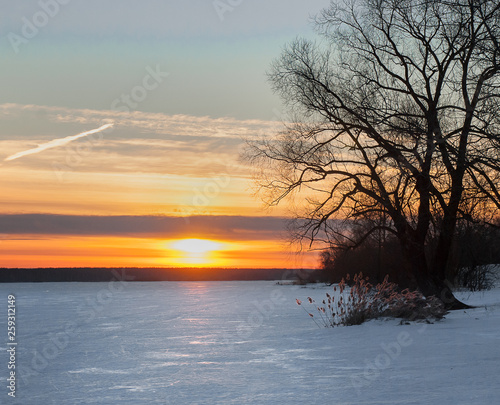 Beautiful winter sunset on the Volga river