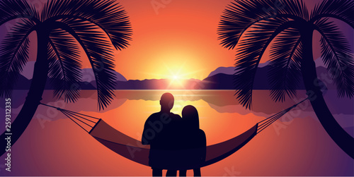 couple in a hammock enjoys the sunset on the beach between two palm trees by the sea vector illustration EPS10