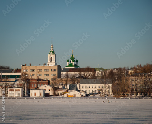 Old architecture of russian town. Beautiful church, domes, stone walls...