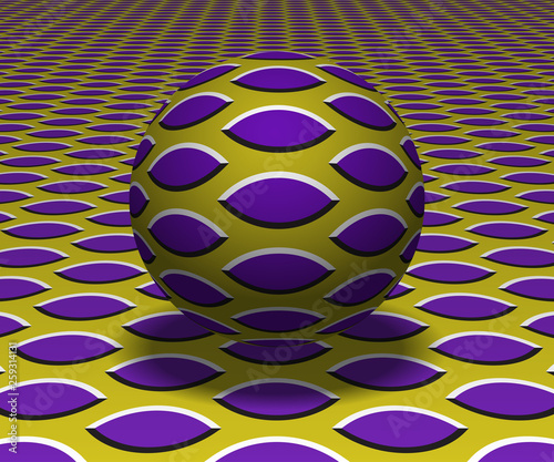 Sphere hovers above the surface. Abstract objects with petals pattern. Vector optical illusion illustration.