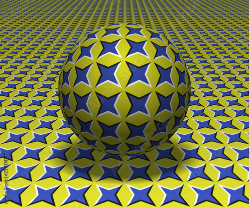 Sphere hovers above the surface. Abstract objects with starry pattern. Vector optical illusion illustration.