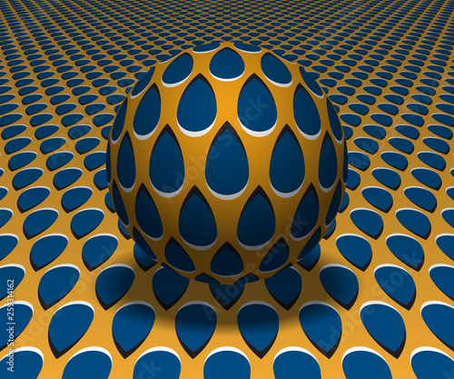 Sphere hovers above the surface. Abstract objects with drops pattern. Vector optical illusion illustration.