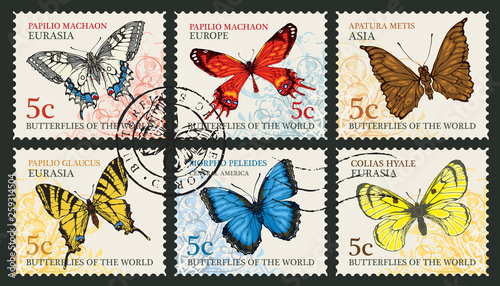 Vector set of postage stamps with different butterflies and their names on an abstract background in retro style