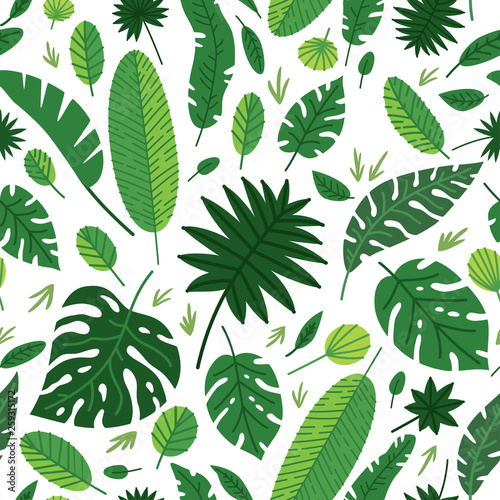 Tropical leaves vector pattern. Summer equatorial rainforest with foliage
