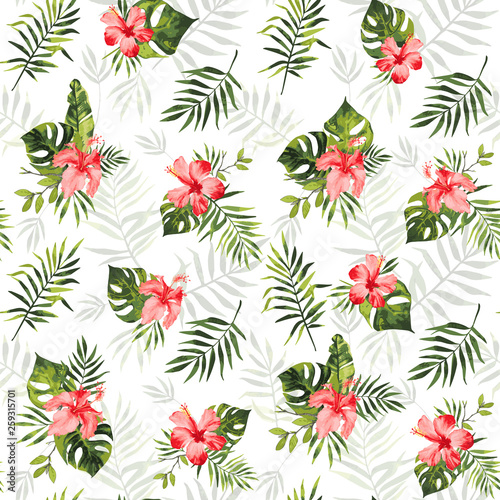 Fototapeta Naklejka Na Ścianę i Meble -  Vector seamless pattern with abstract green tropical leaves of  banana, monstera and red hibiscus flowers. Summer background with exotic plants. Use in textiles, interior, wrapping paper and other.