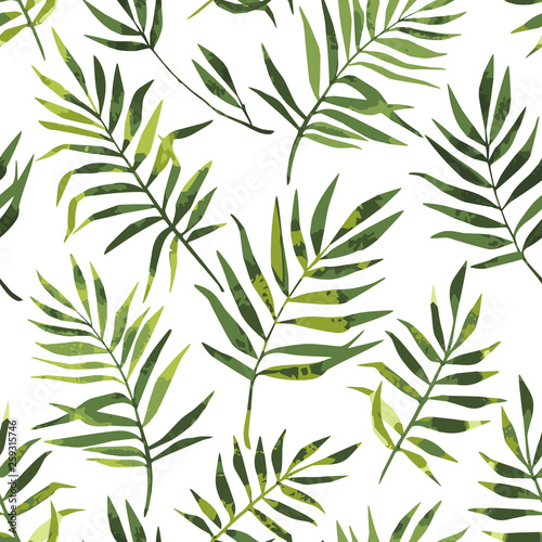 Vector seamless pattern with abstract and stylized green tropical leaves of palm's leaves. Summer background with exotic plants. Use in textiles, interior, wrapping paper and other design.