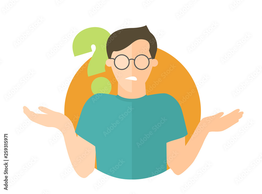 Flat design icon. Handsome man in glasses doubts. Guy with a question mark Flat design icon. Handsome man in glasses doubts. Guy with a question mark