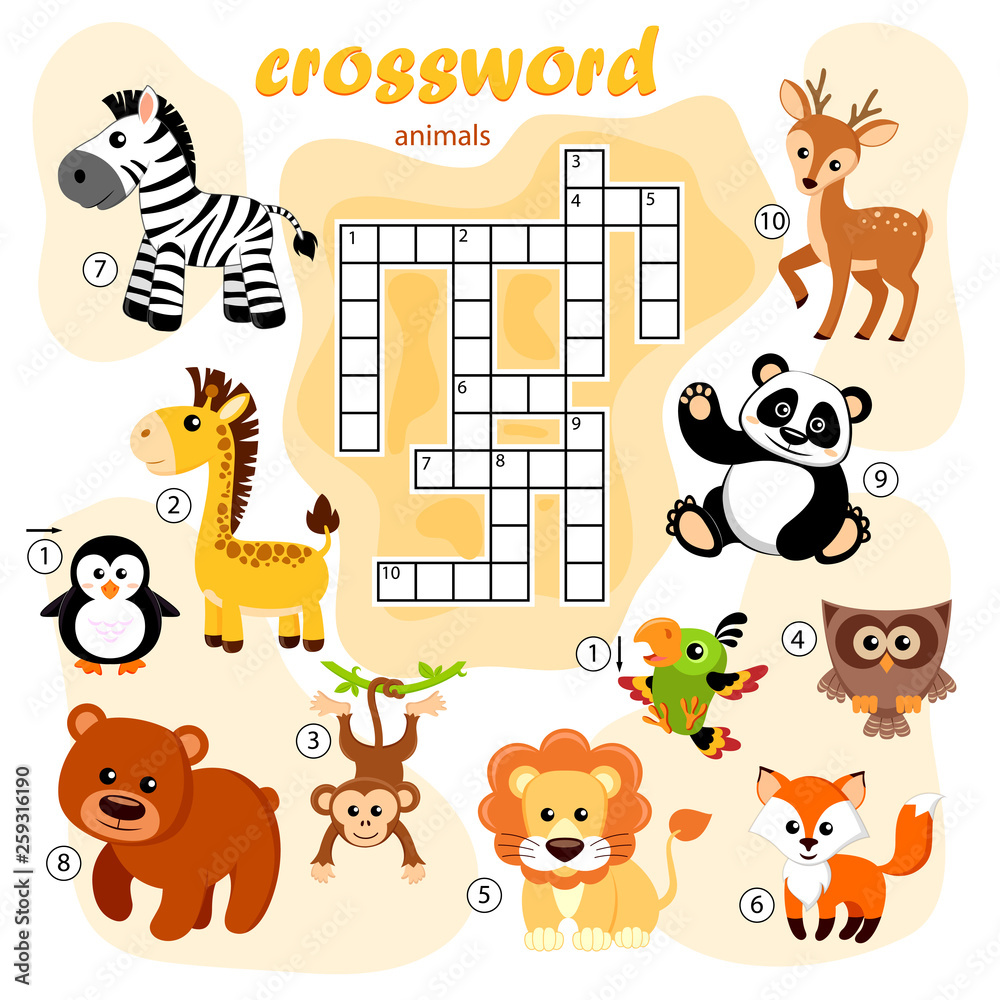 Crossword puzzle game of animals. Panda, fox, deer, bear, owl, giraffe,  lion, zebra, monkey, parrot, penguin Stock Vector | Adobe Stock