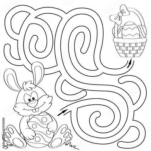  Help little bunny find path to easter basket with eggs. Labyrinth. Maze game for kids. Black and white illustration for coloring book