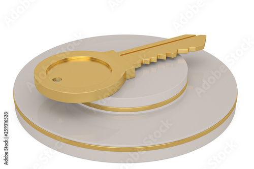 Golden key symbol and stand isolated on white background. 3D illustration. photo