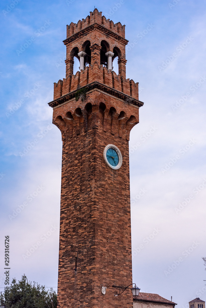 Italy, Venice, tower in a square in the historic center of Murano, an island in the Venetian lagoon. 