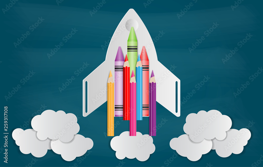 Obraz premium Crayon with paper cut of rocket and cloud on chalkboard. Back to school