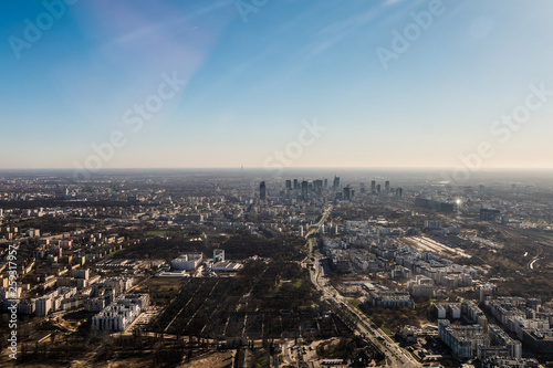 Aerial View of the skyline and central city of Warsaw (capital city of Poland) 
