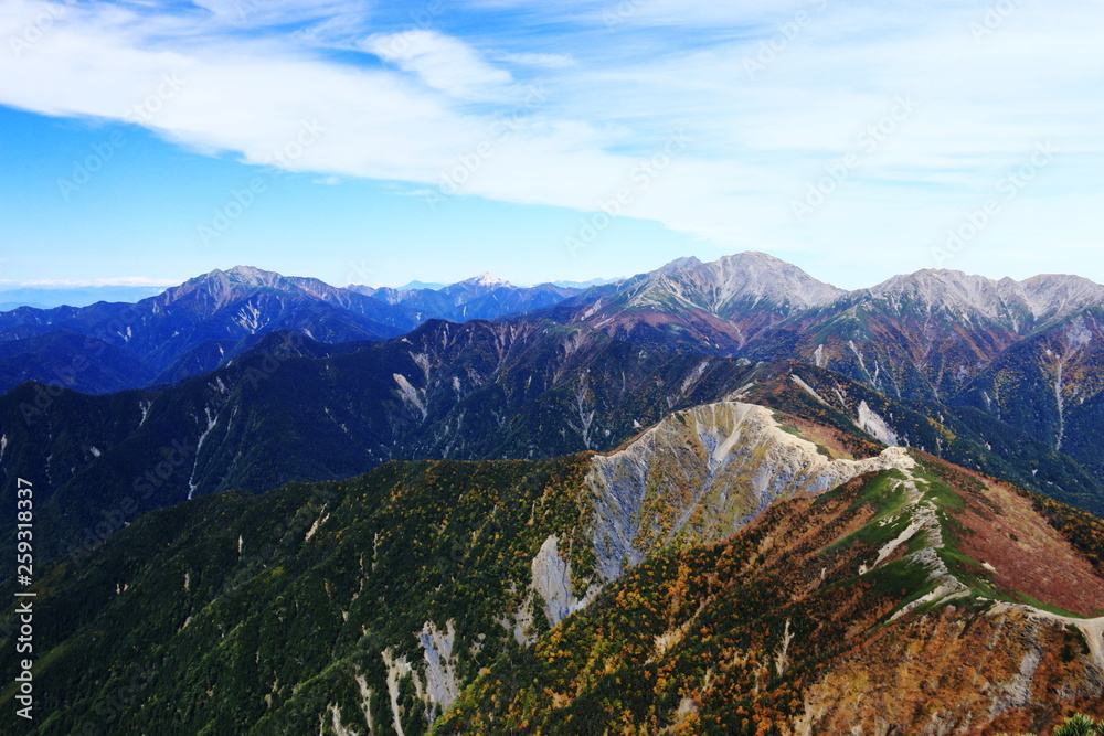 Obraz premium 南アルプス塩見岳山頂への道 頂上直下からの白峰三山 北岳、間ノ岳、農鳥岳遠景