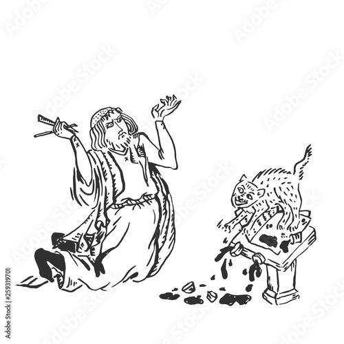 Medieval artist angry to a cat made mess vector