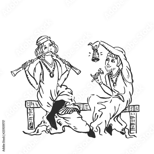 Medieval musicians duet of flute and percussion bell