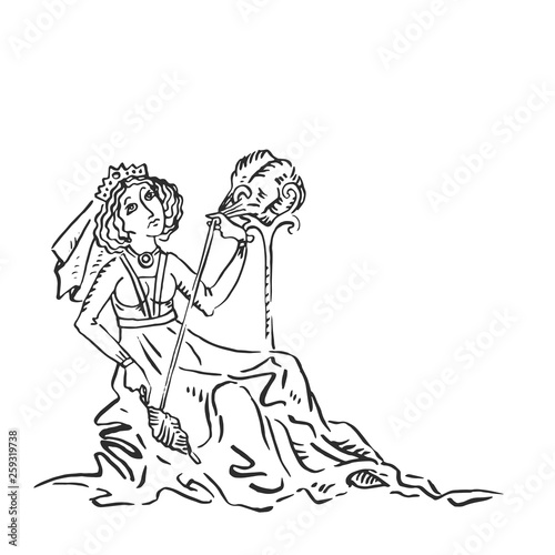 Medieval art princess or queen spins yarn with spindle