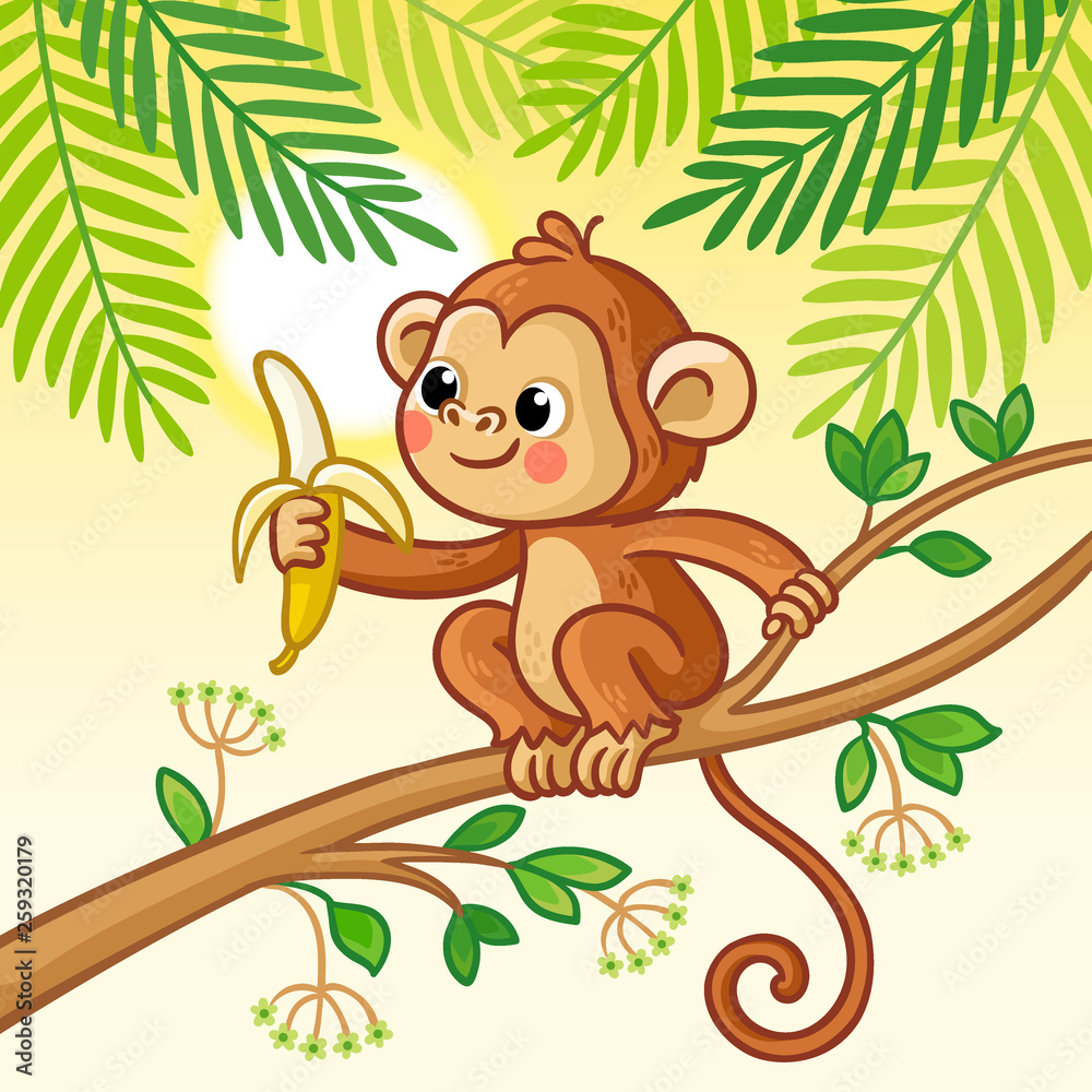 Monkey sits on a tree and eats a banana. Cute animal in cartoon style. Monkey sits on a tree and eats a banana. Cute animal in cartoon style.
