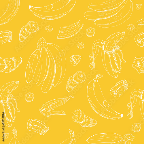 Seamless pattern  with inverted  white  bananas. Whole and sliced elemets isolated on yellow background. Hand drawn sketch.