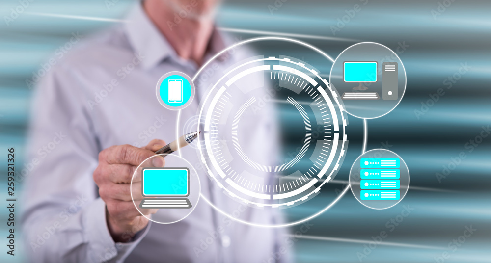 Man touching a devices connection concept Man touching a devices connection concept