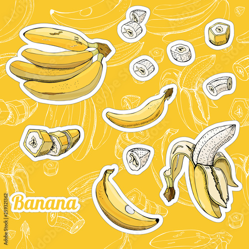 Color set with stickers of yellow bananas and seamless pattern. Whole and sliced elemets.